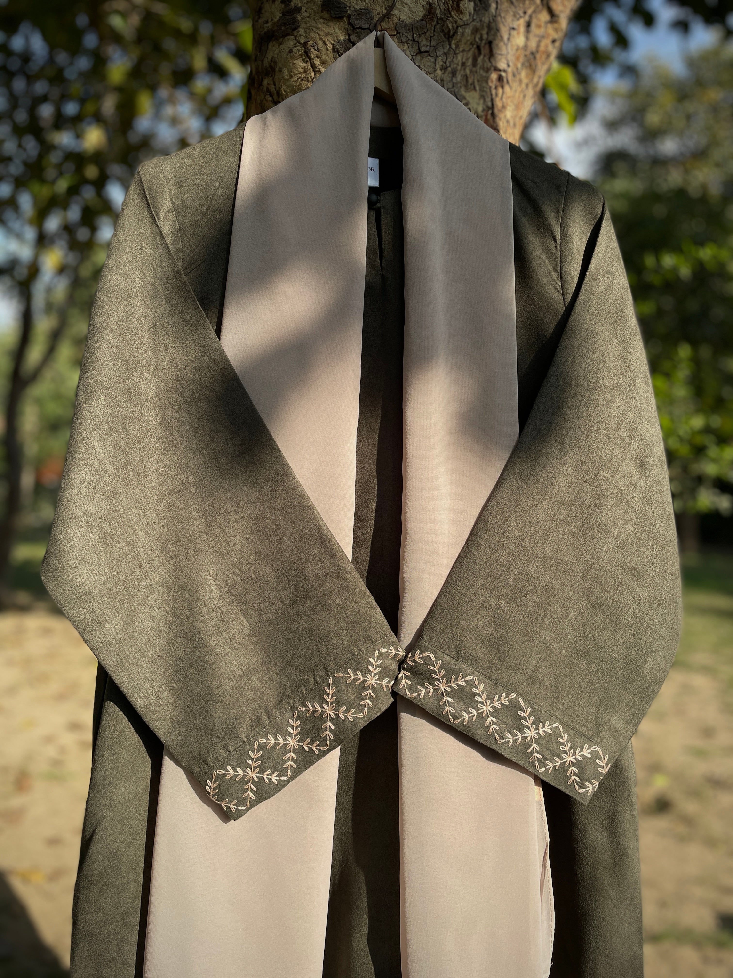 Olive Hand Embroidered Leather Abaya