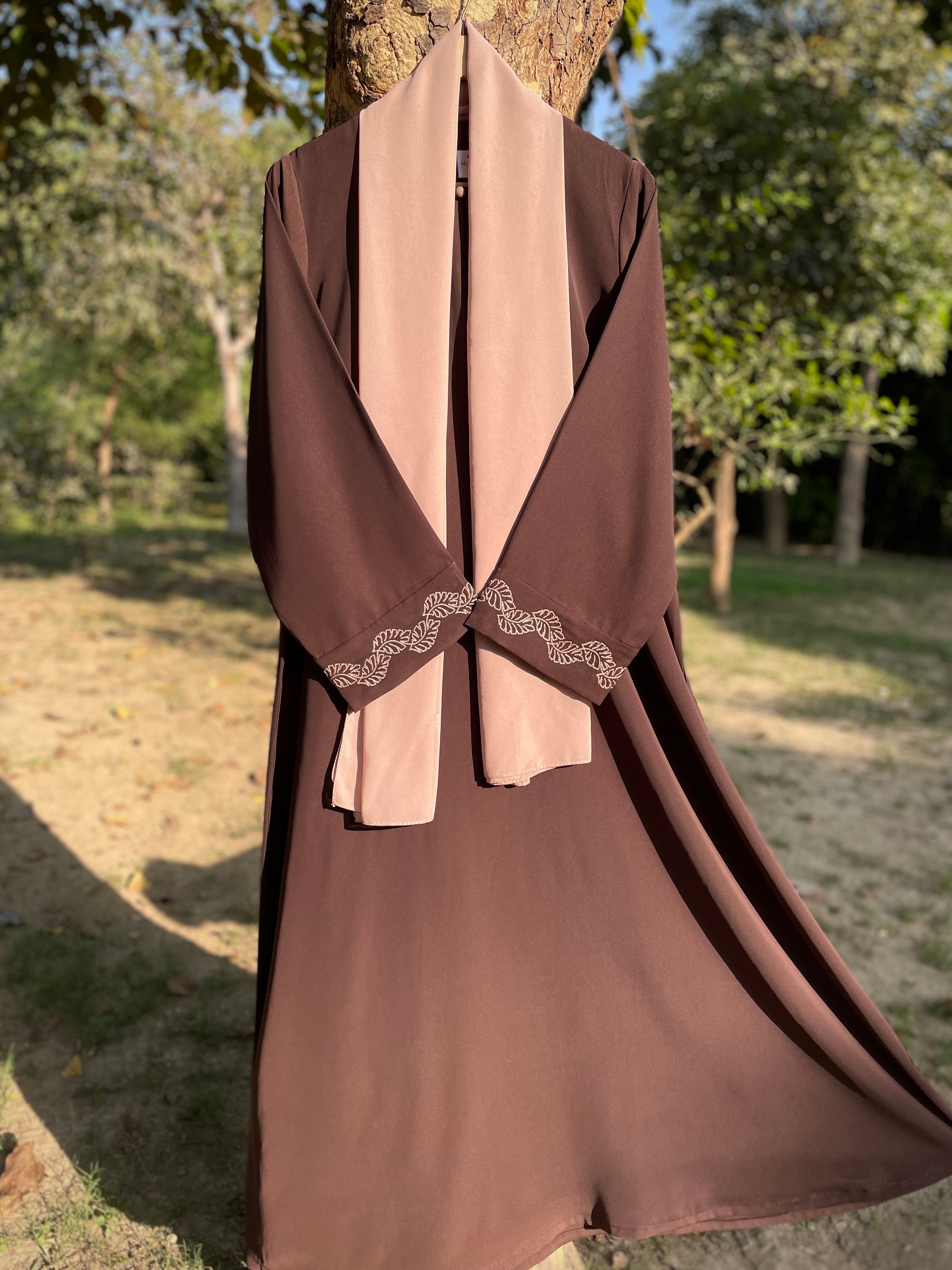 Autumn Bloom Hand Embroidered Brown Abaya