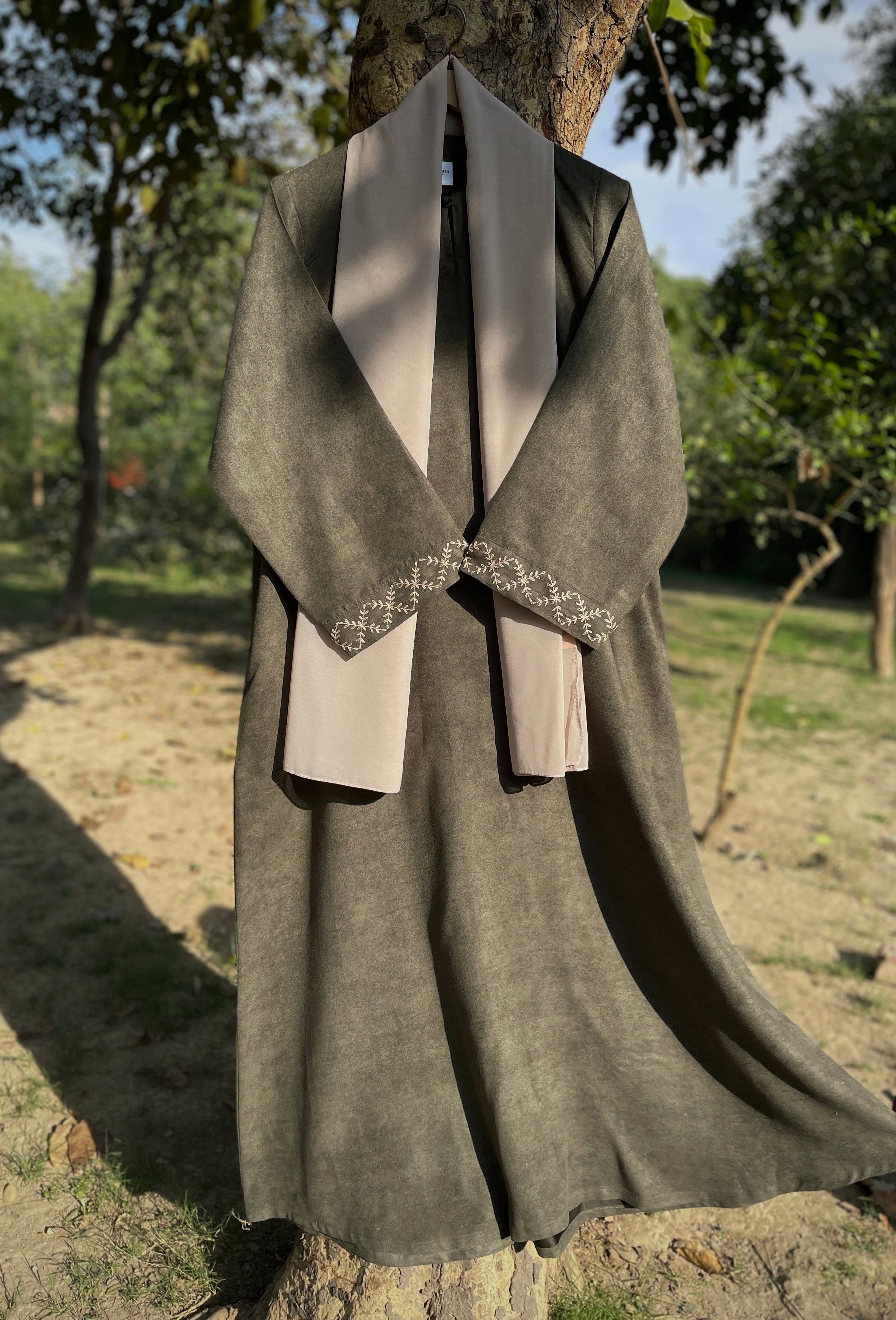 Olive Hand Embroidered Leather Abaya