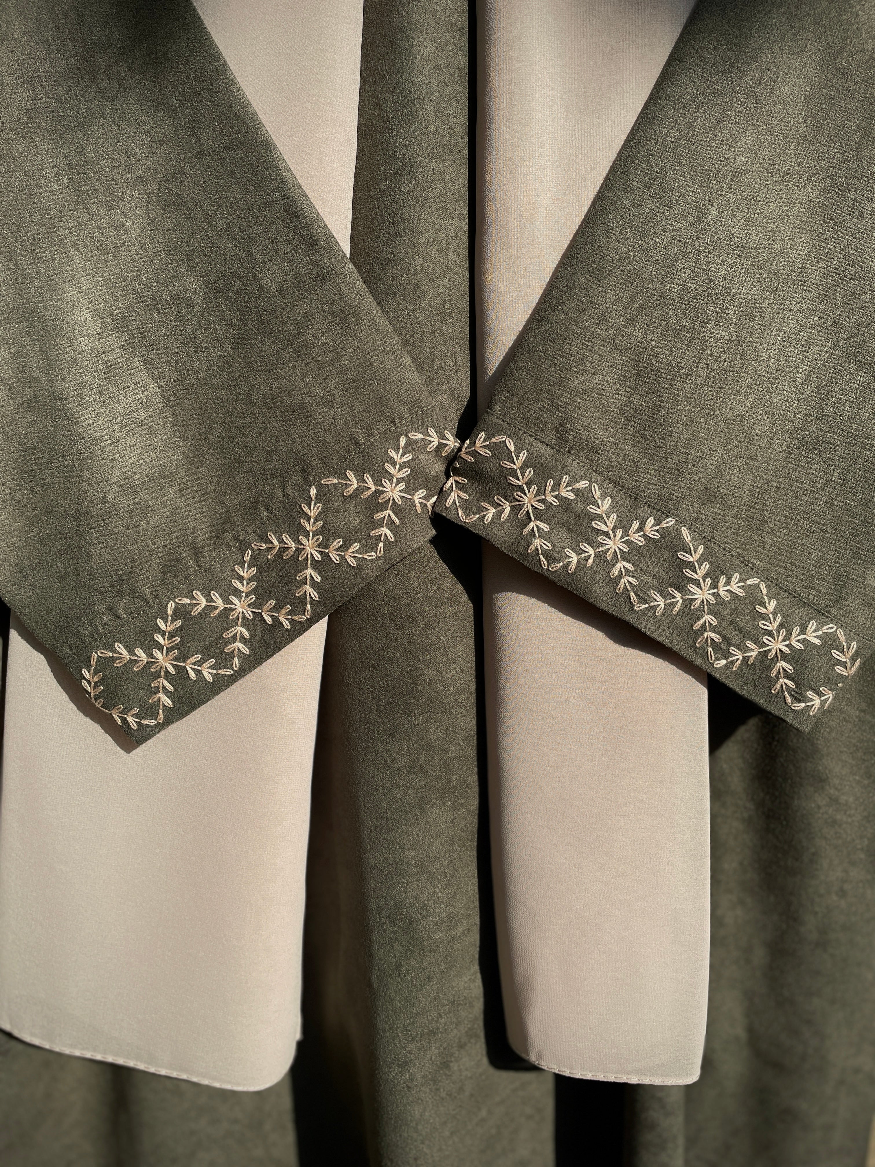 Olive Hand Embroidered Leather Abaya