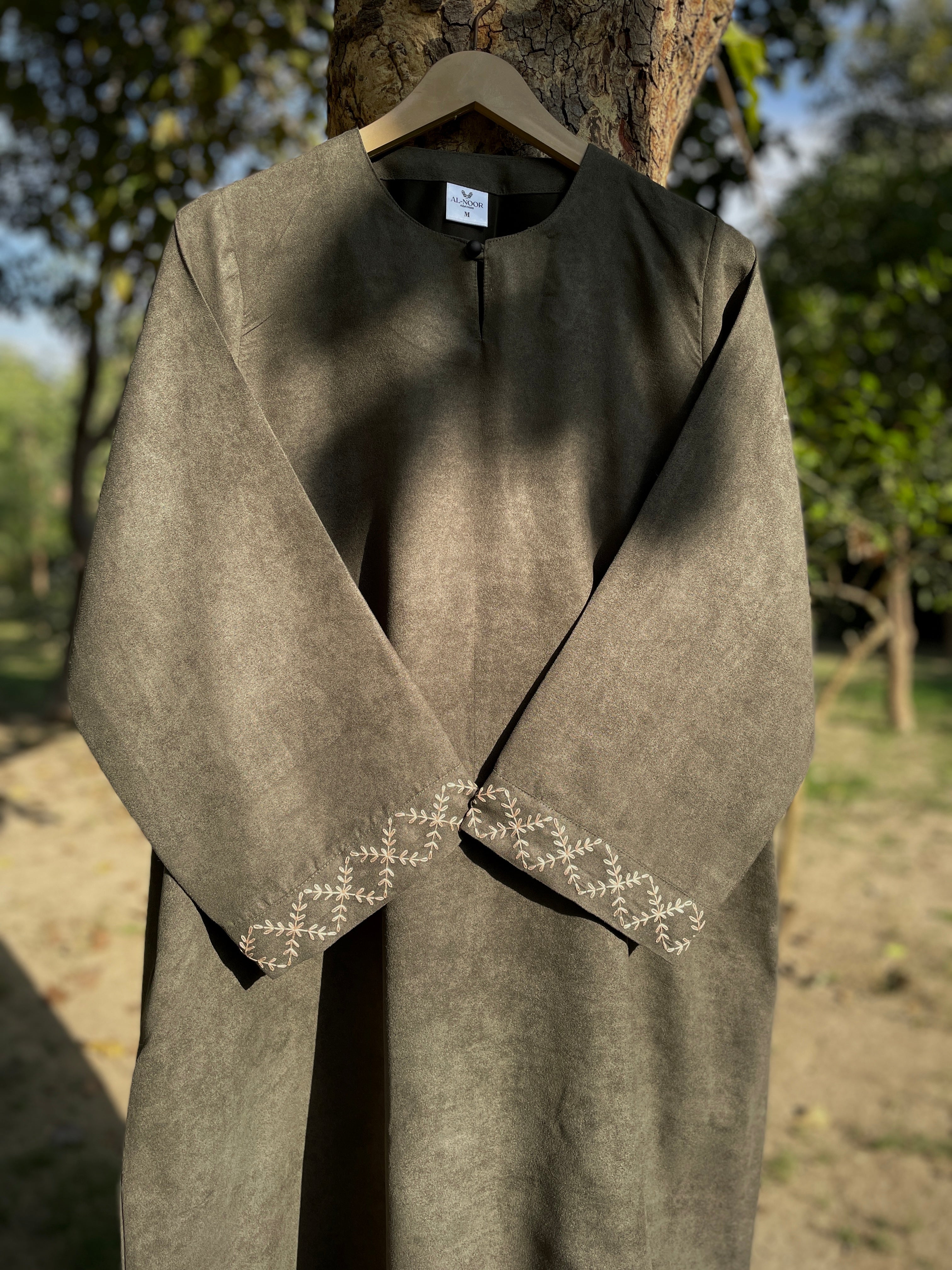 Olive Hand Embroidered Leather Abaya