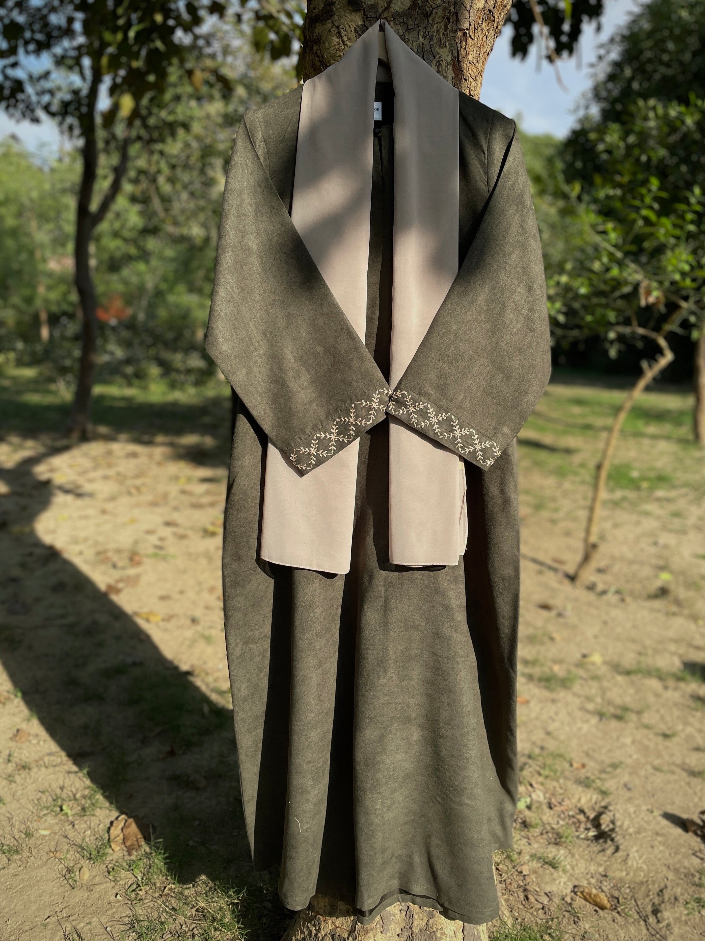 Olive Hand Embroidered Leather Abaya