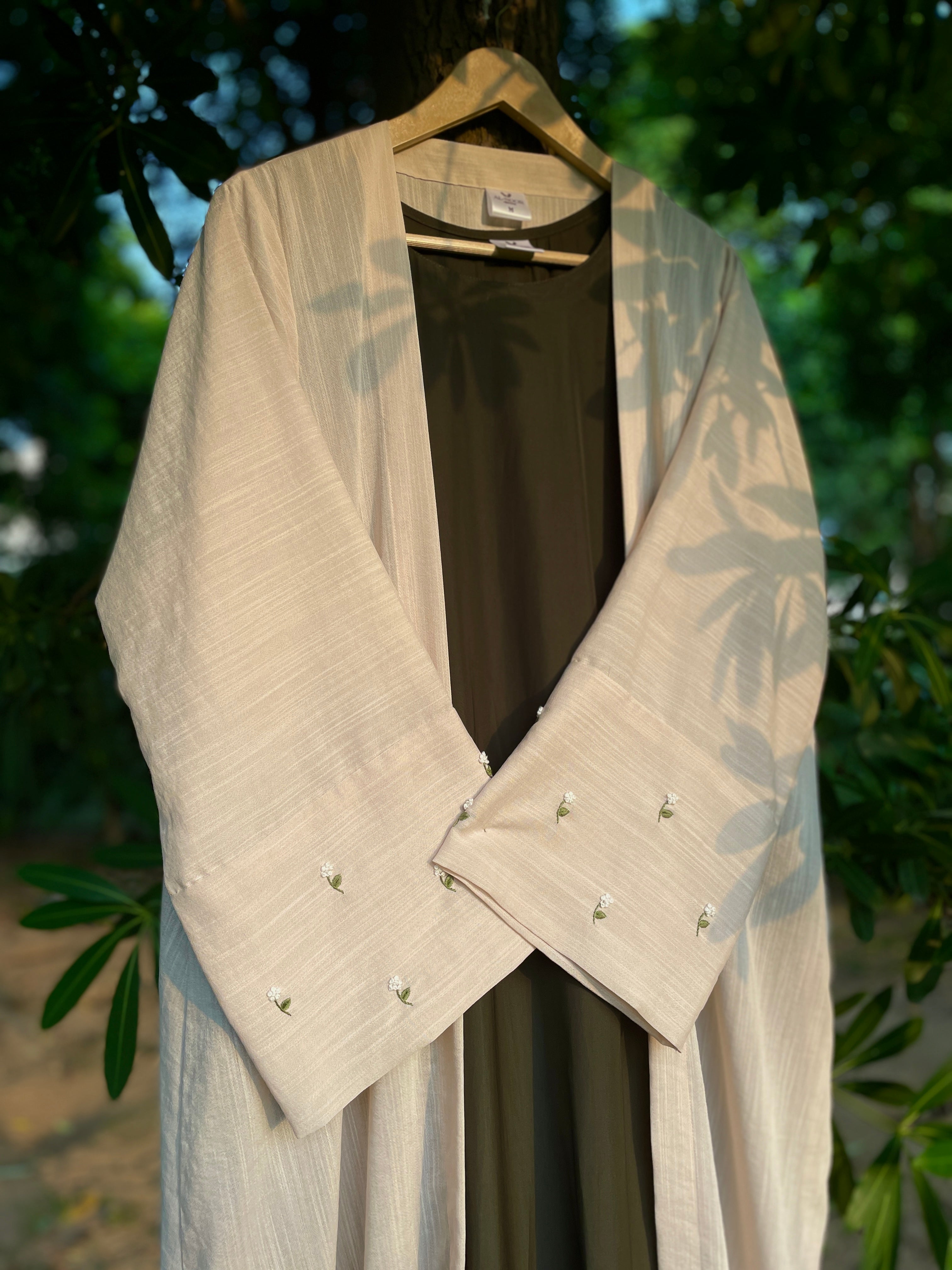 Ivory Olive Hand Embroidered Abaya Set