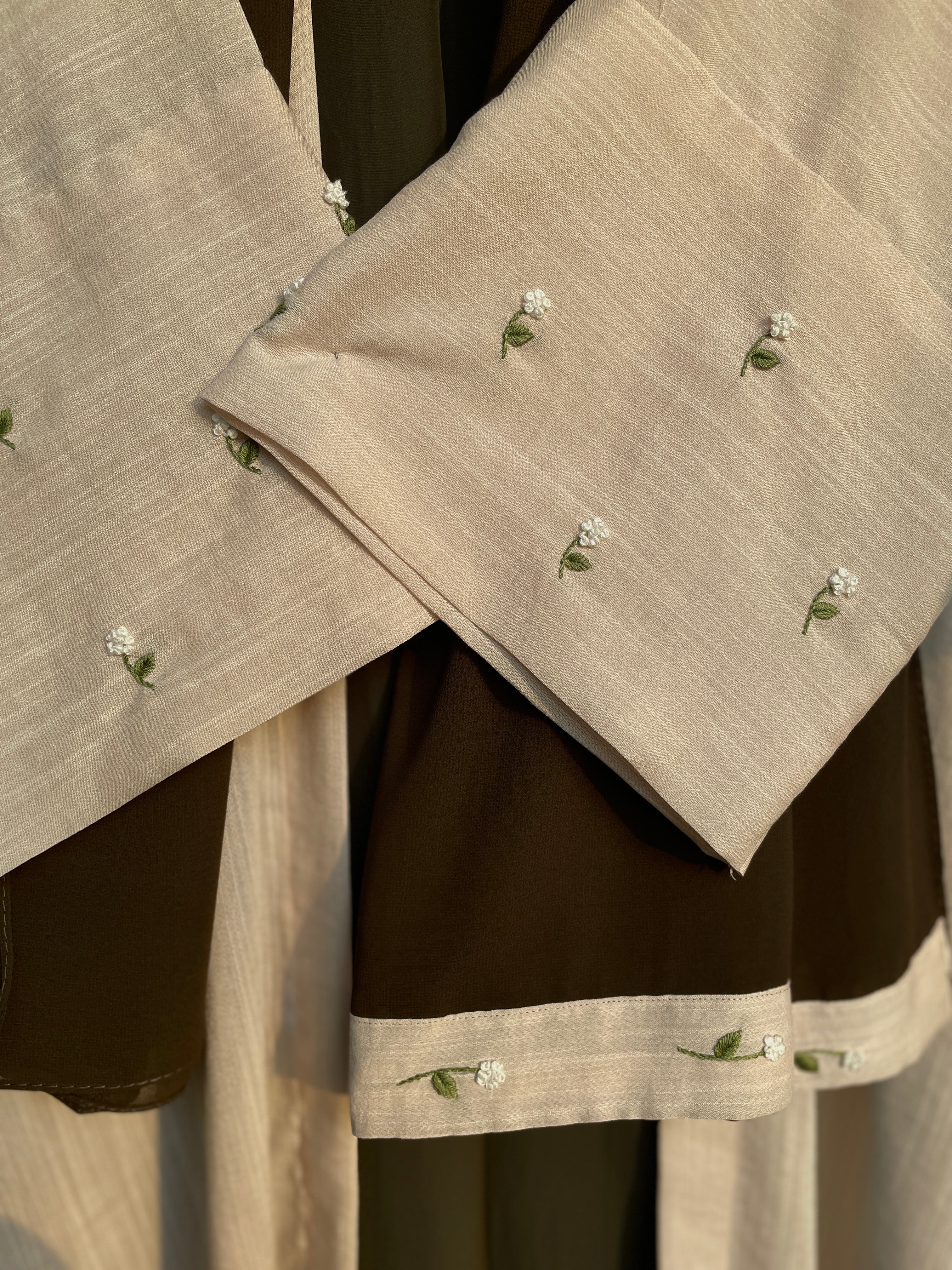 Ivory Olive Hand Embroidered Abaya Set