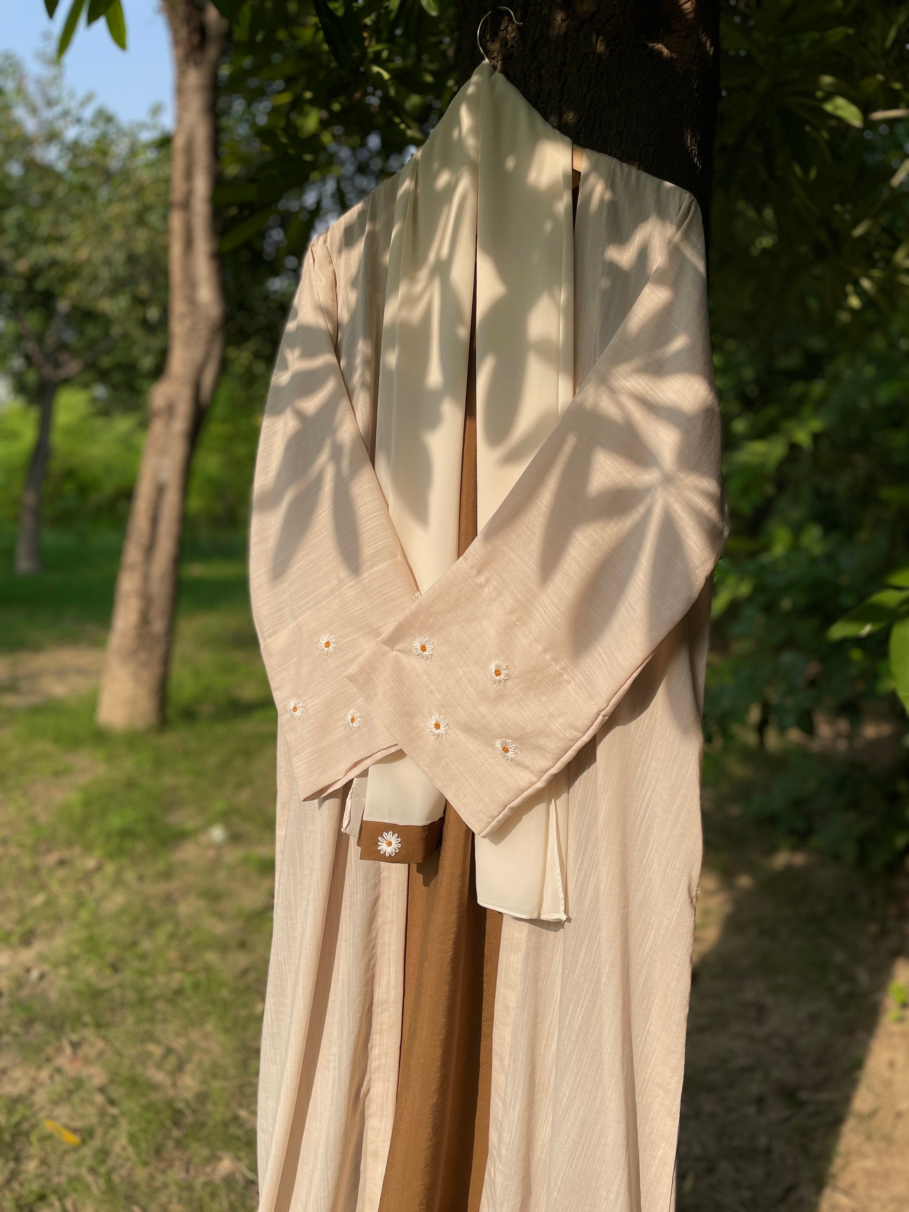 Ivory Mustard Hand Embroidered Abaya Set