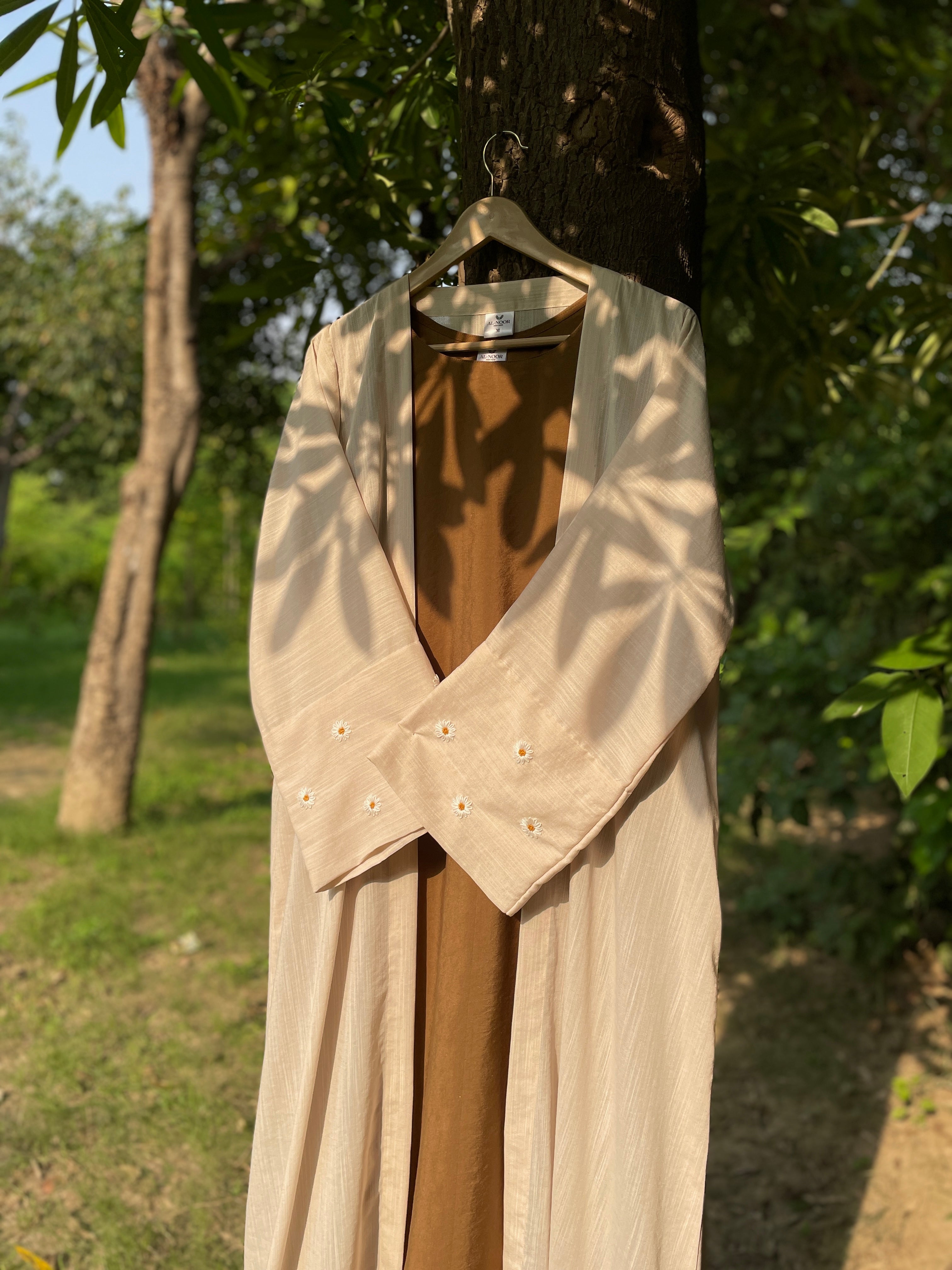 Ivory Mustard Hand Embroidered Abaya Set