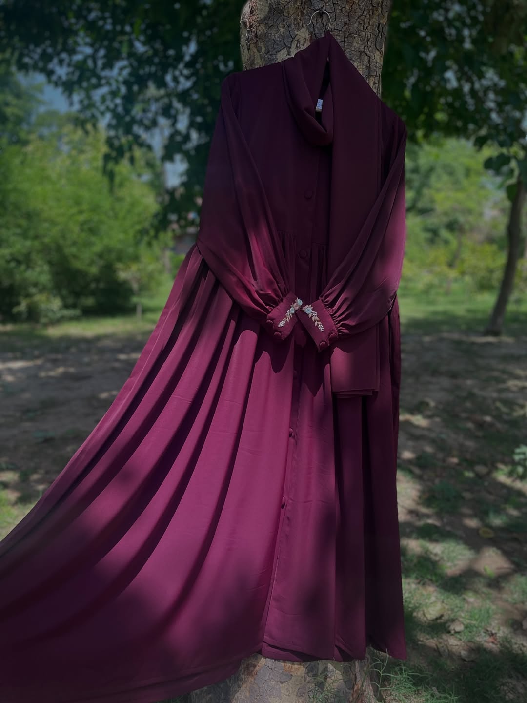Burgundy Cuff Embroidered Abaya