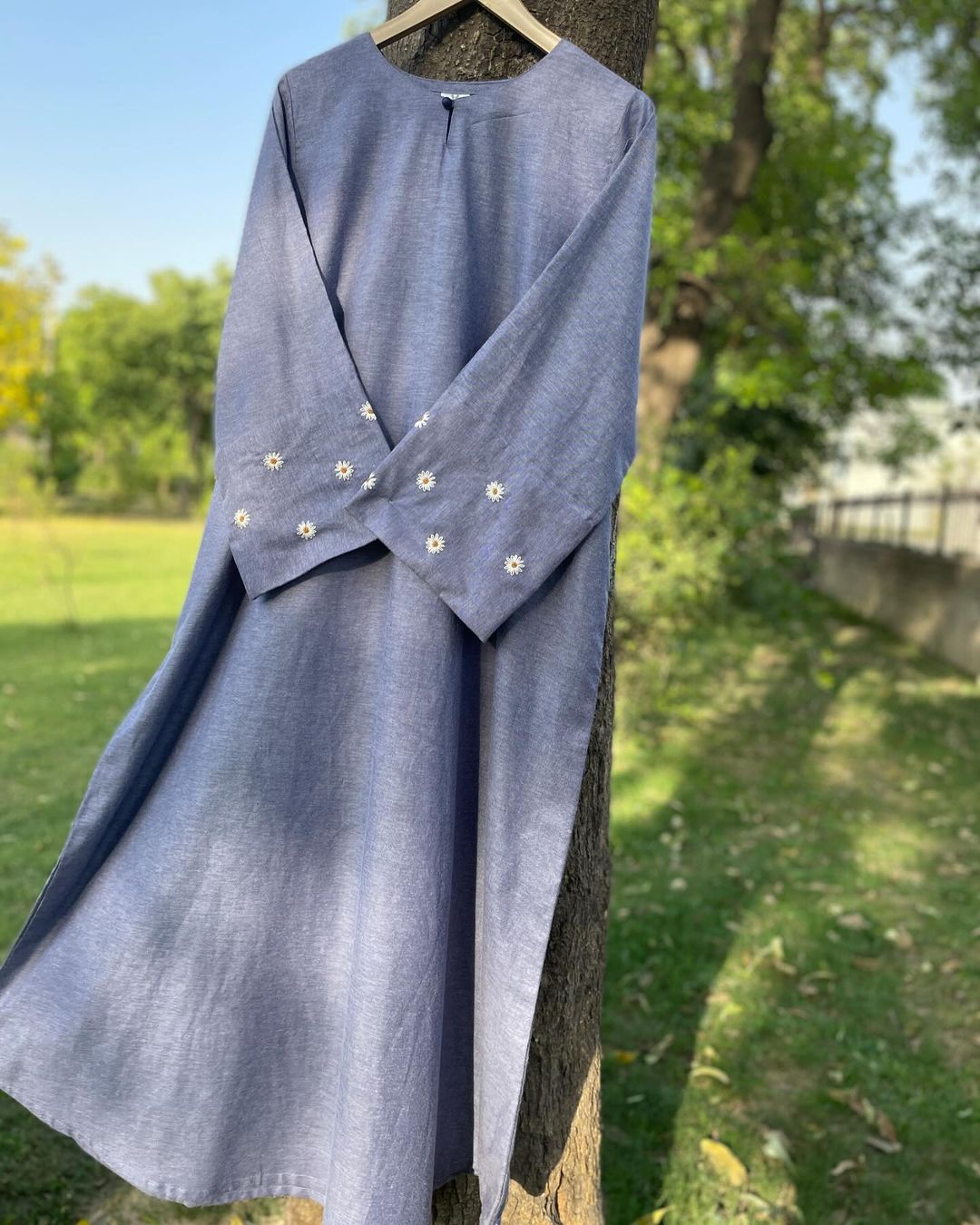 Daisy Embroidered Soft Denim Abaya