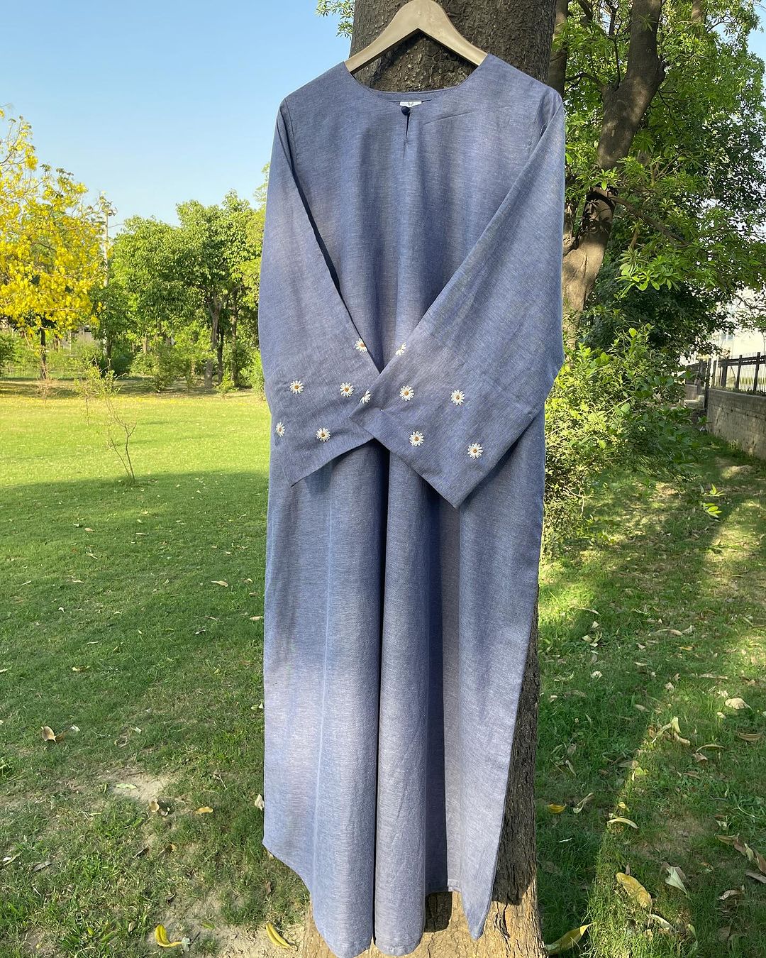 Daisy Embroidered Soft Denim Abaya