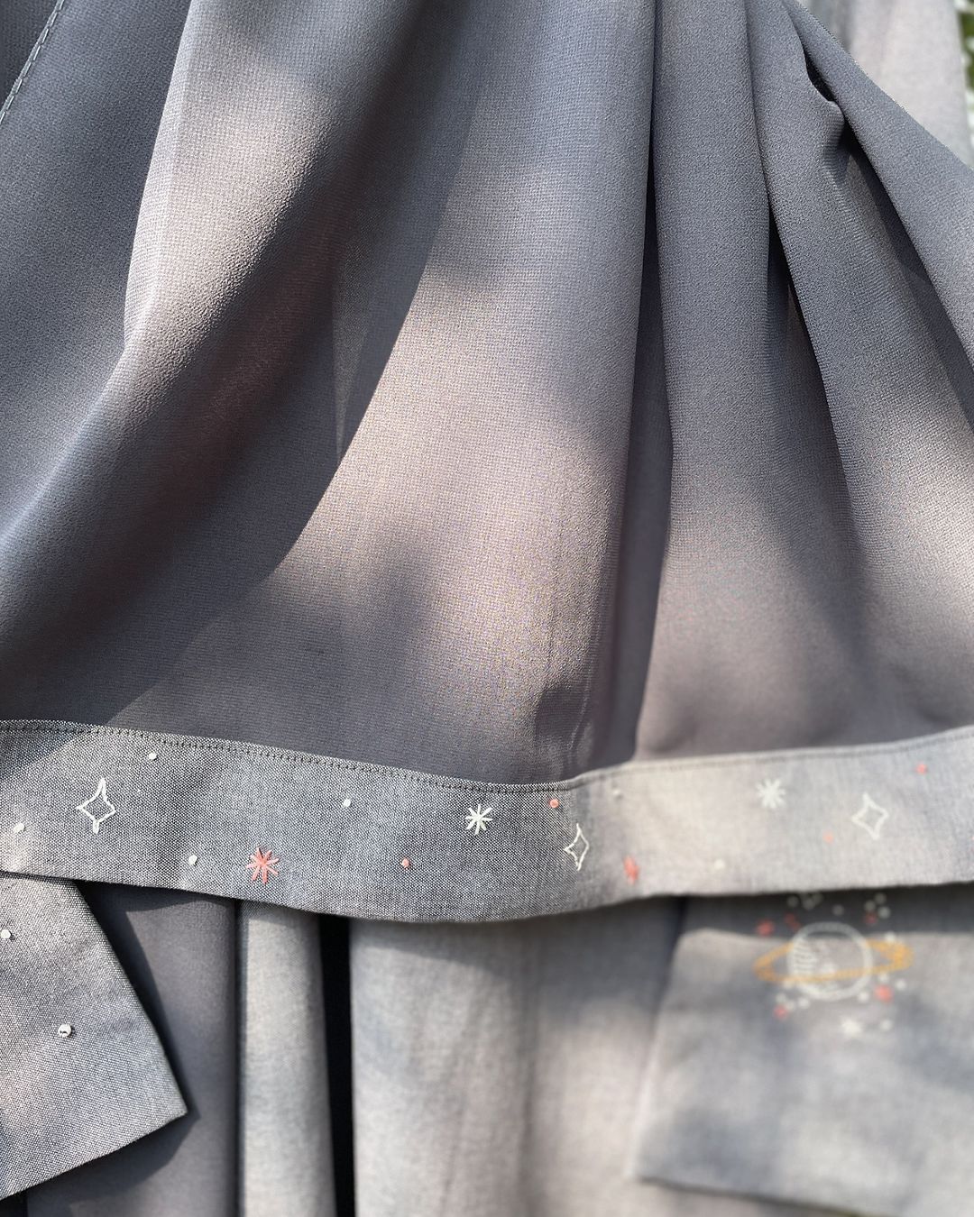 Galaxies Embroidered Soft Denim Grey Abaya