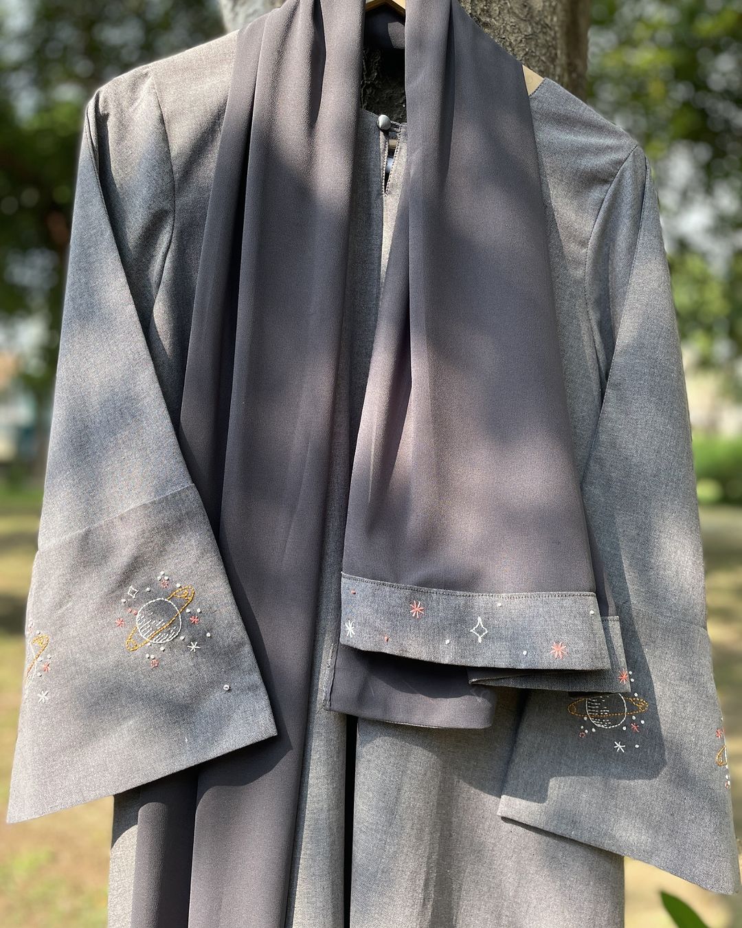 Galaxies Embroidered Soft Denim Grey Abaya