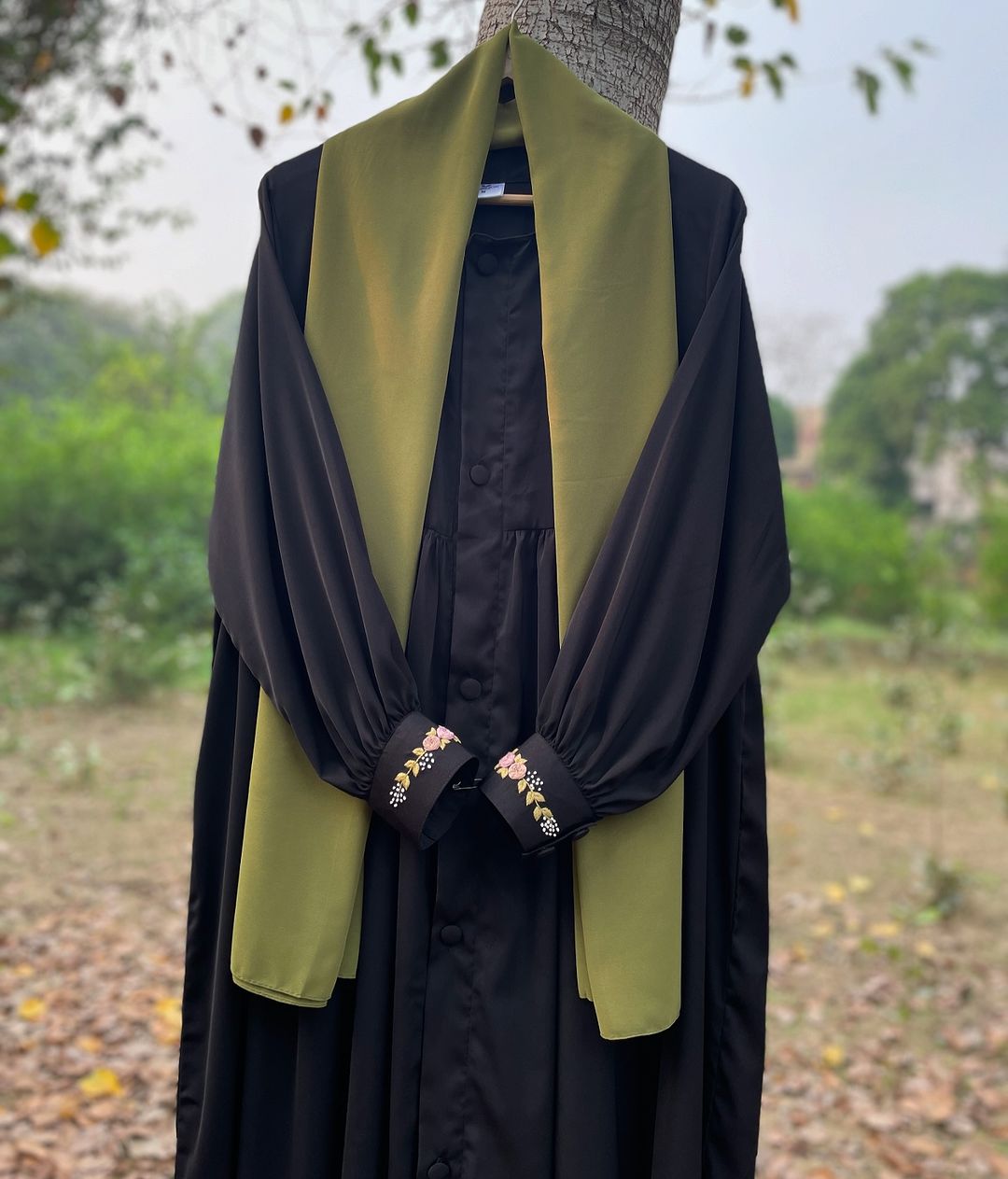 Green and Black Hand Embroidered Abaya