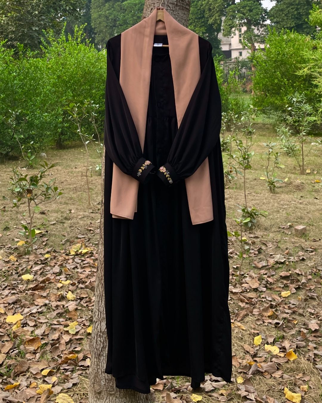 Peach and Black Hand Embroidered Abaya