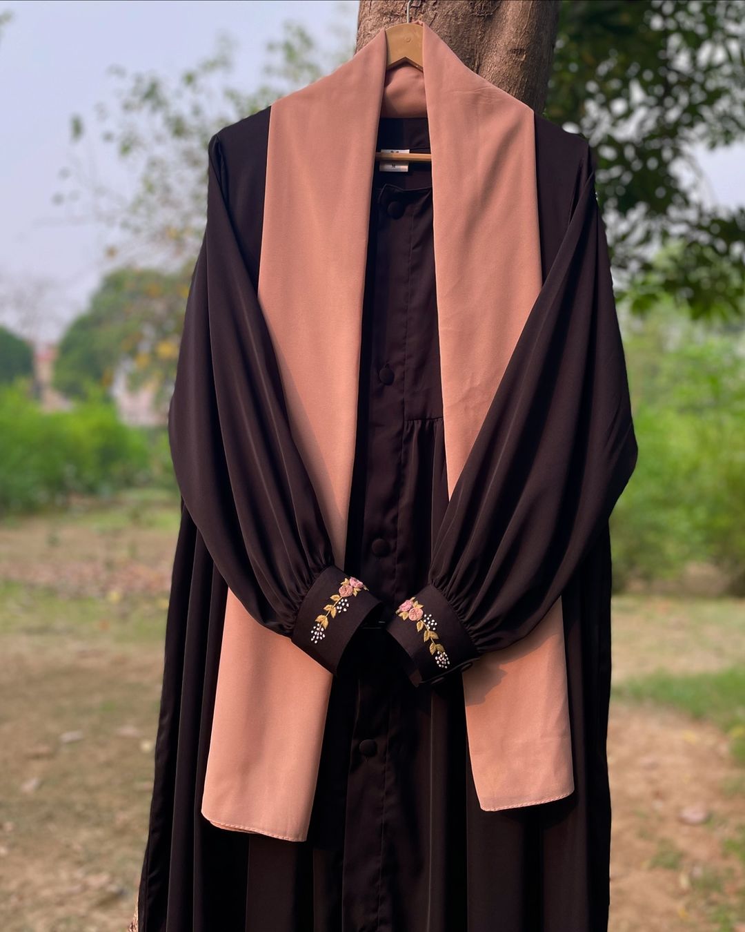 Peach and Black Hand Embroidered Abaya