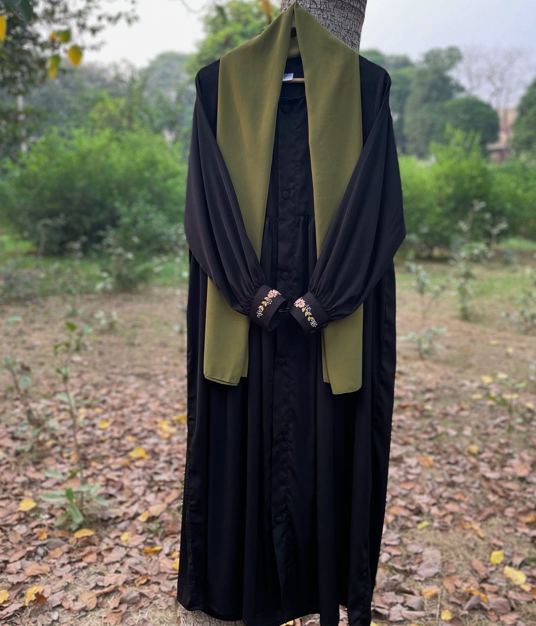 Green and Black Hand Embroidered Abaya