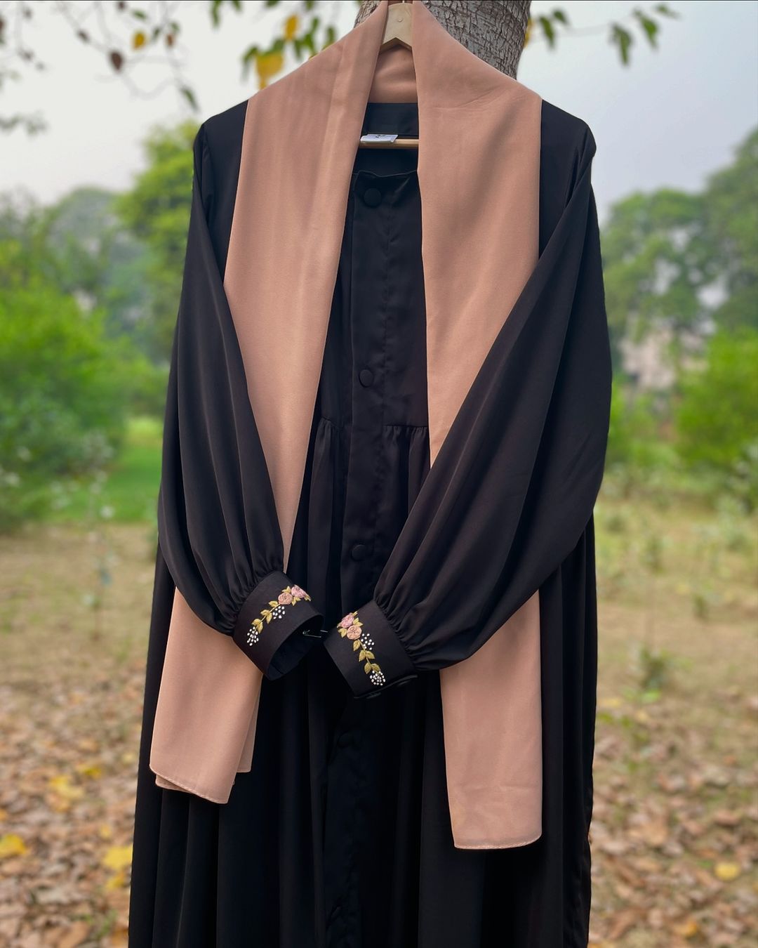 Peach and Black Hand Embroidered Abaya